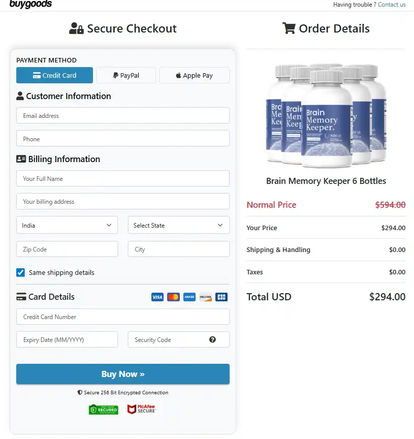 Brain Memory Keeper Order Page
